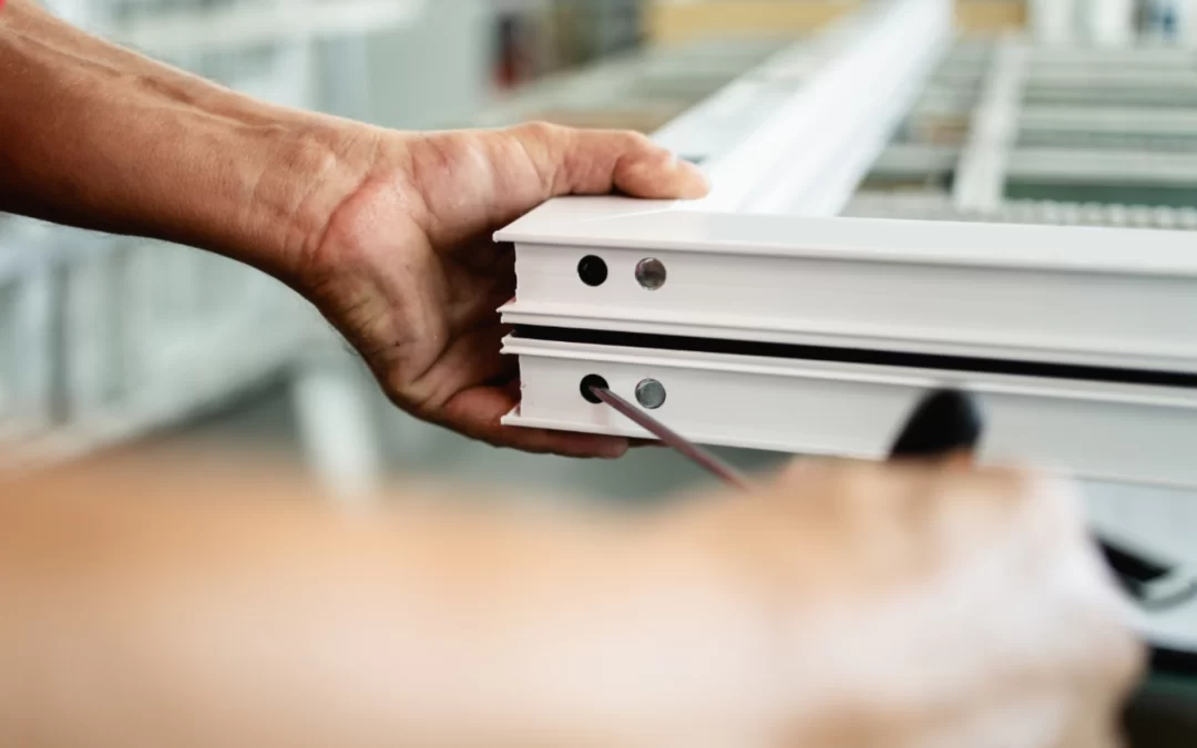 infissi e serramenti_ Tecnico al lavoro su profilo in alluminio per infissi, dettaglio della fase di assemblaggio serramenti