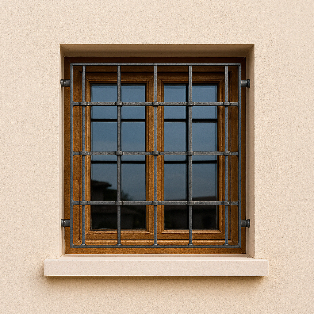 Inferriata in ferro installata su finestra in legno in abitazione a Perugia, dettaglio su struttura robusta e design moderno.