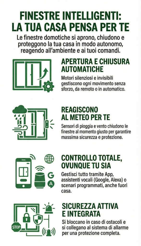 Infografica sulle finestre domotiche che mostra apertura automatica, sensori meteo, controllo da remoto e sicurezza integrata