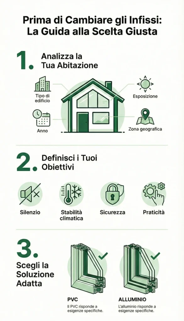 Guida visiva per cambiare gli infissi: analisi della casa, obiettivi di comfort e scelta tra PVC e alluminio 